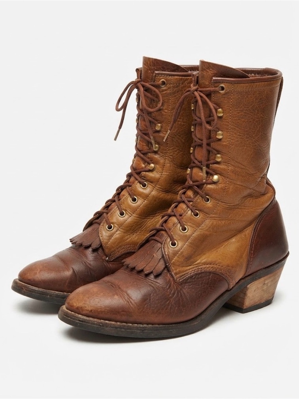 Vintage Two-Tone Leather Kiltie Lace Up Packer Boots Western Work Heeled